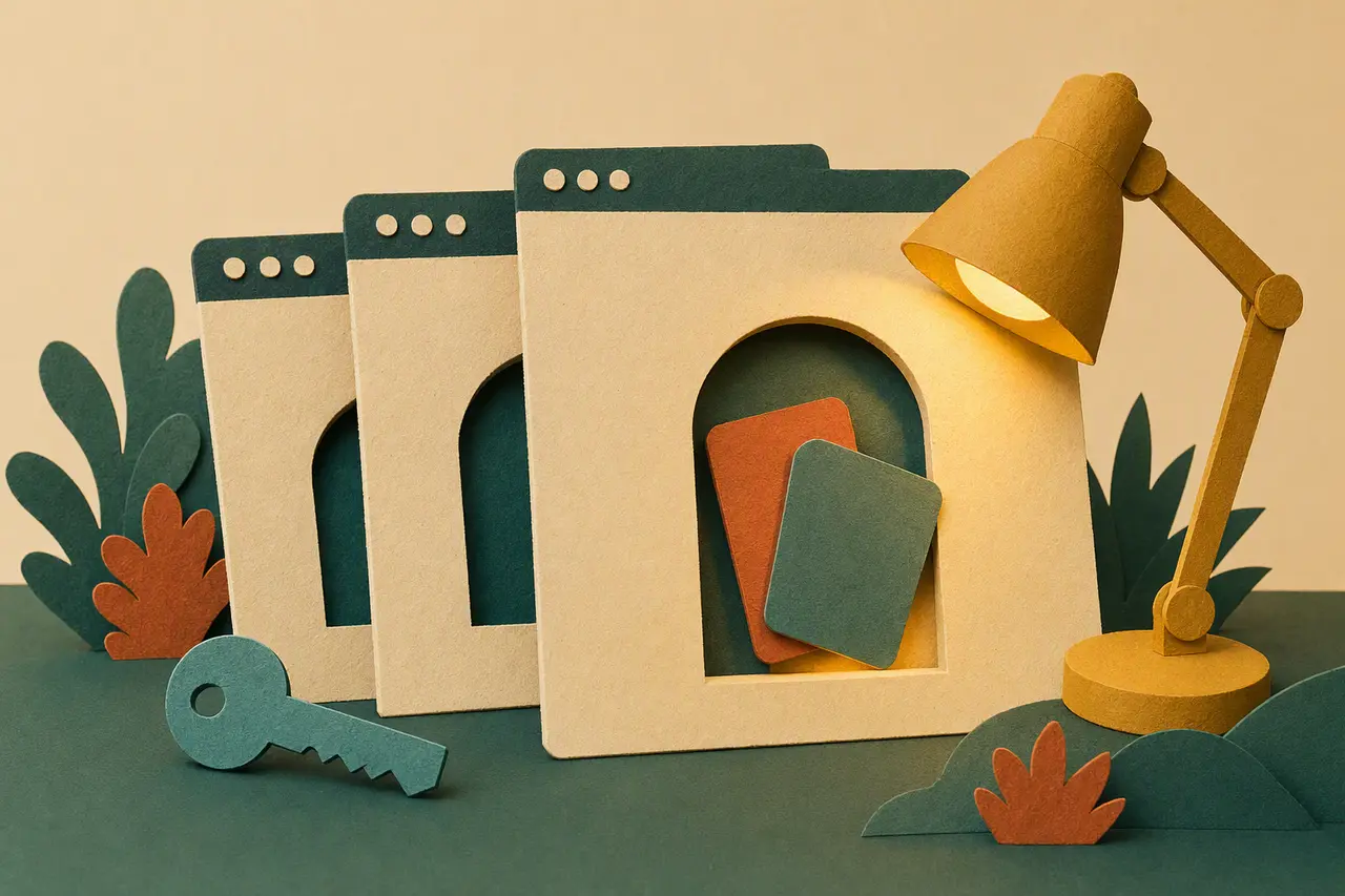 A paper-cut scene of overlapping browser windows, provider cards, a passkey, and an inspection lamp